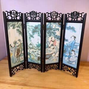 Chinese 4 Panel Folding Table Screen Double Sided Asian Art 15"